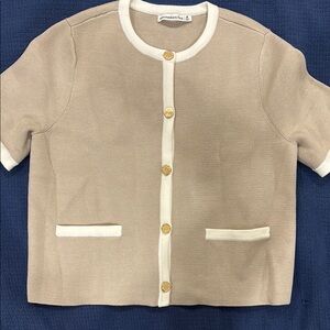 Tan Short Sleeve Cardigan with Gold Buttons